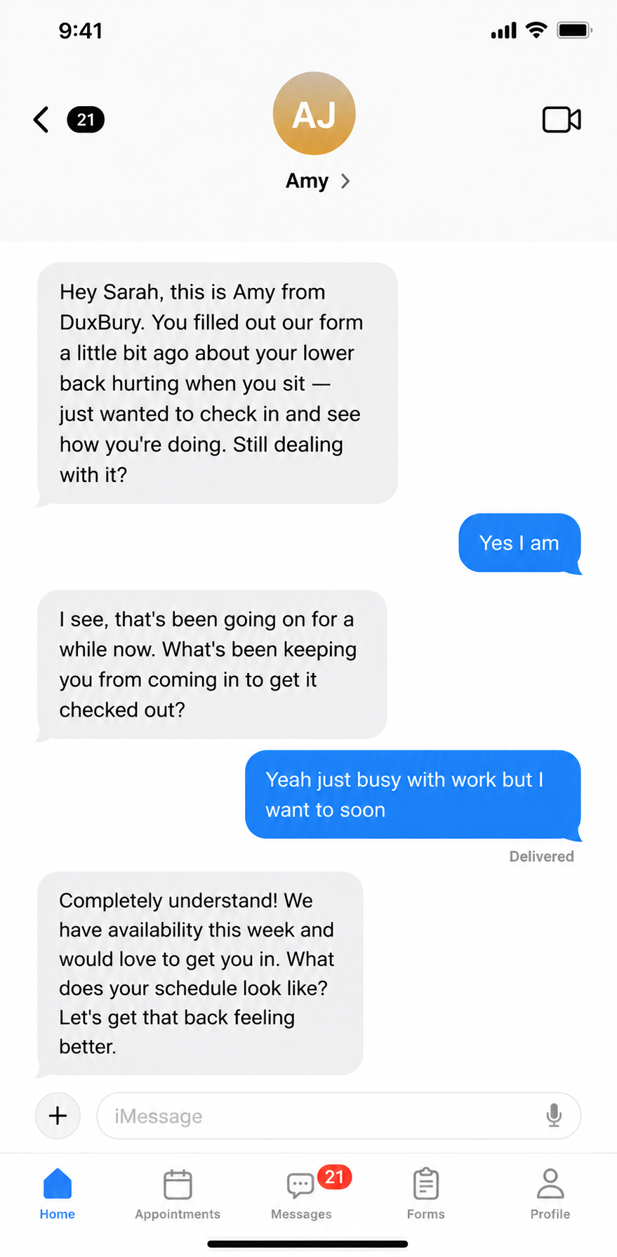 Patient Pipeline SMS conversation booking a chiropractic appointment